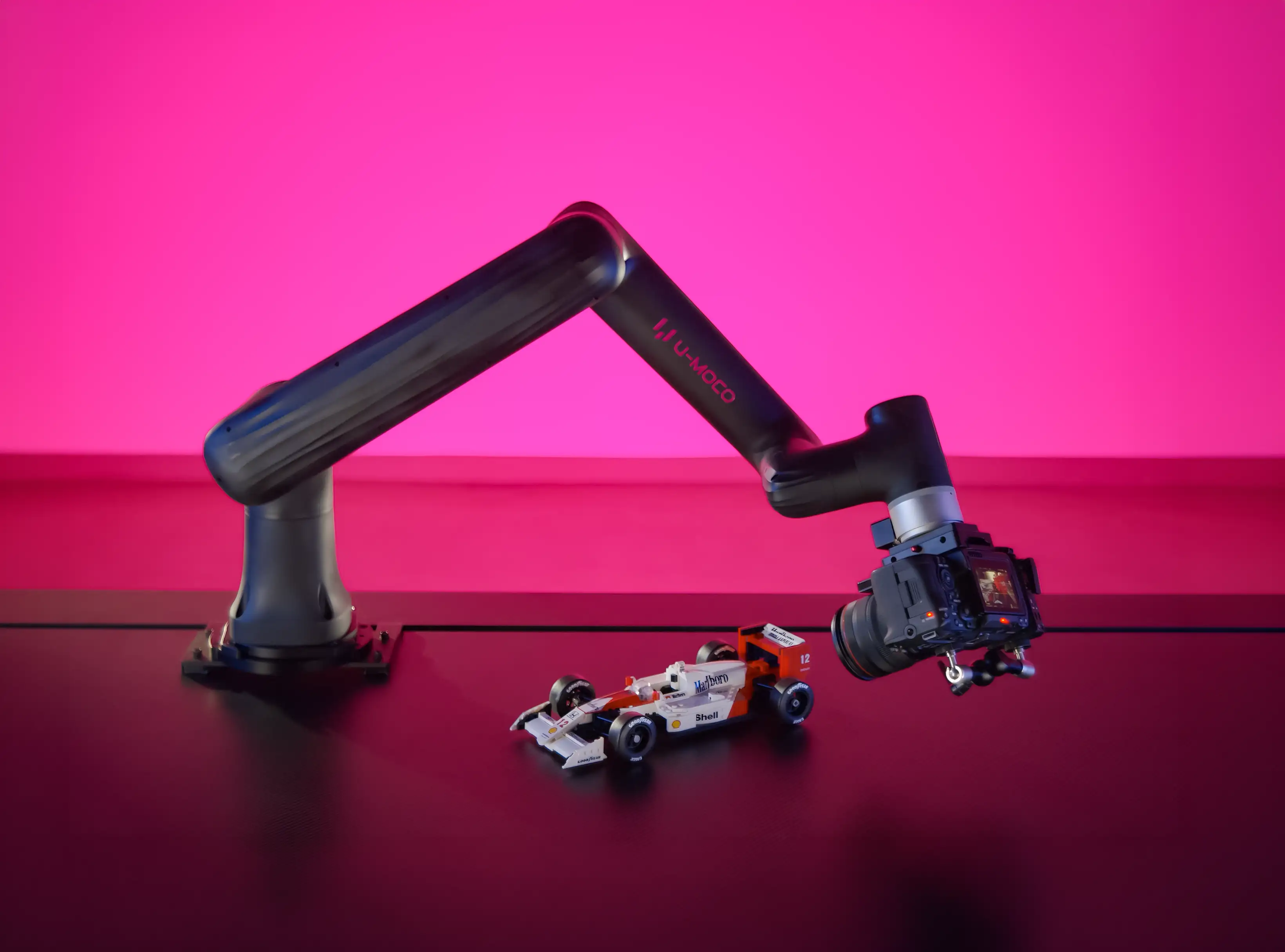 U-MOCO GO desktop cinematic robot arm with a mounted camera